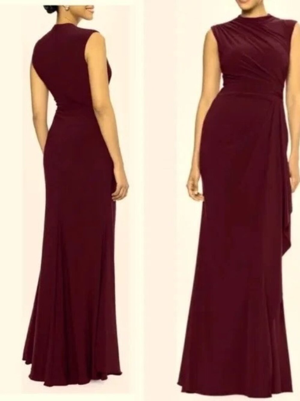 Betsy & Adam Wine Burgundy Side Ruffle Ruched Sleeveles Jersey Gown